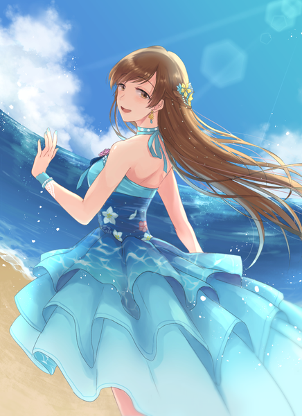 Anime picture 1200x1650 with idolmaster idolmaster cinderella girls nitta minami supu (rerumiko) single long hair tall image looking at viewer blush fringe breasts open mouth smile brown hair brown eyes sky cloud (clouds) braid (braids) nail polish looking back