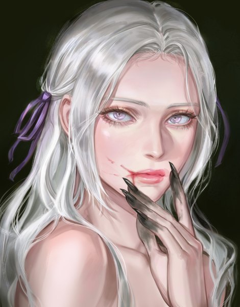 Anime picture 1309x1672 with fire emblem fire emblem: three houses nintendo edelgard von hresvelg vestradog single long hair tall image looking at viewer simple background purple eyes upper body white hair nail polish fingernails realistic lipstick portrait long fingernails pink lipstick