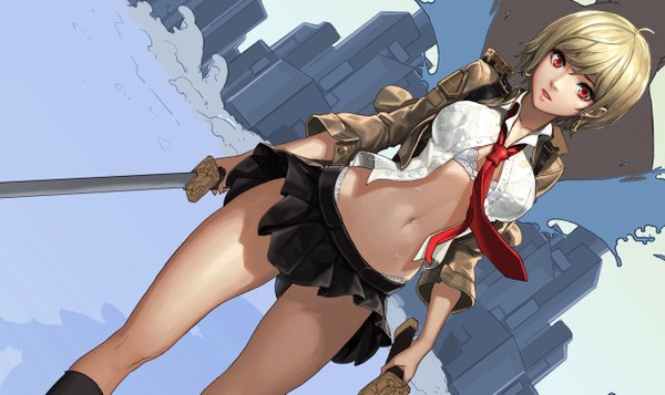 Anime picture 5000x2980 with original ake (cherrylich) single looking at viewer highres short hair light erotic blonde hair red eyes wide image holding absurdres open clothes bare belly midriff dutch angle open shirt dual wielding girl skirt