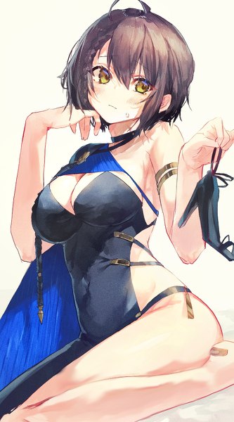 Anime picture 666x1200 with azur lane baltimore (azur lane) baltimore (evening breeze minuet) (azur lane) irohatomo single tall image looking at viewer blush fringe breasts light erotic hair between eyes brown hair large breasts sitting holding yellow eyes cleavage ahoge no panties