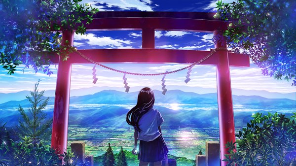 Anime picture 1500x844 with original bokuden single long hair black hair wide image standing holding looking away sky cloud (clouds) outdoors pleated skirt from behind sunlight horizon mountain landscape scenic girl