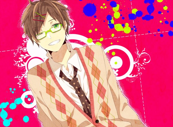 Anime picture 1200x880 with axis powers hetalia studio deen spain (hetalia) washi (micino) short hair smile brown hair green eyes one eye closed wink wallpaper pink background open collar polka dot rhombus boy hair ornament glasses necktie bobby pin