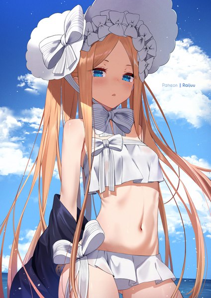 Anime picture 989x1400 with fate (series) fate/grand order abigail williams (fate) abigail williams (swimsuit foreigner) (fate) raijuu (bakanara) single long hair tall image blush blue eyes light erotic blonde hair standing signed sky cloud (clouds) girl navel bow swimsuit