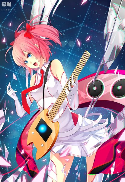 Anime picture 822x1191 with dream-of-abell single tall image fringe short hair breasts open mouth blue eyes twintails pink hair short twintails girl gloves bow hair bow necktie elbow gloves white gloves guitar electric guitar