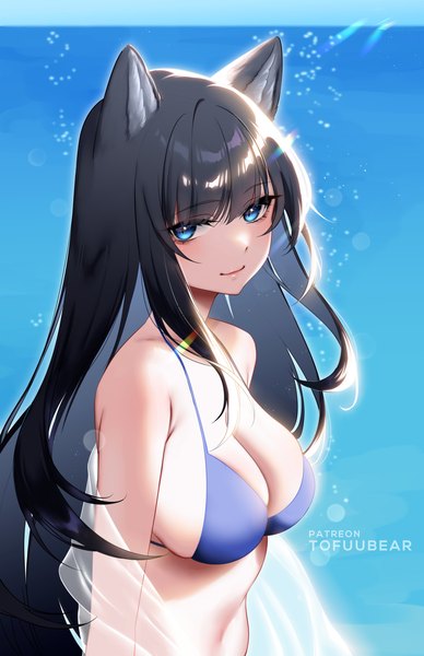 Anime picture 3850x5950 with original reiko (tofuubear) tofuubear single long hair tall image looking at viewer blush fringe highres breasts blue eyes light erotic black hair smile large breasts signed animal ears absurdres sky