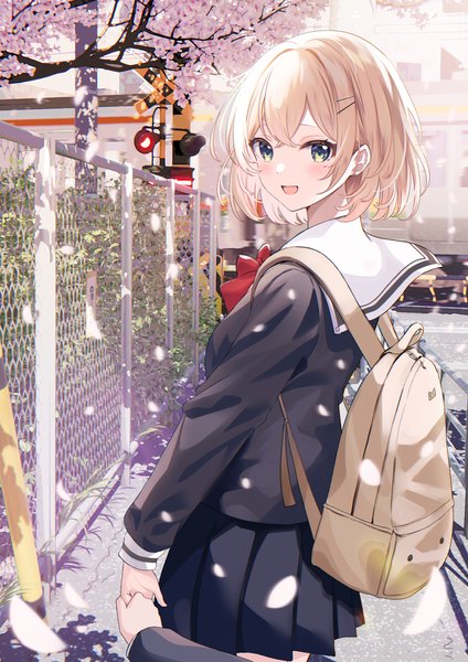 Anime picture 2894x4093 with original shiokazunoko tall image looking at viewer blush fringe highres short hair open mouth blonde hair smile standing green eyes long sleeves :d pleated skirt cherry blossoms turning head holding hands anaglyph