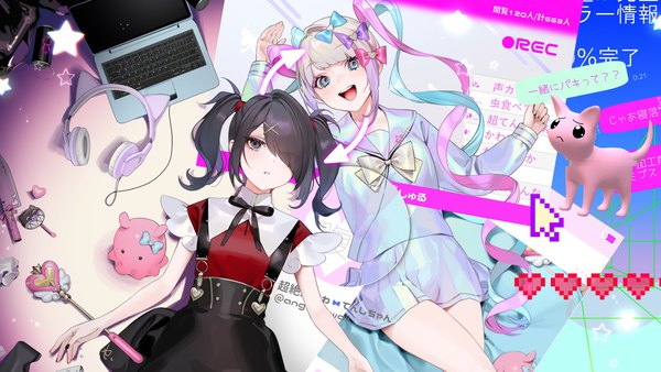 Anime picture 2048x1152 with needy girl overdose original chouzetsusaikawa tenshi-chan ame-chan (needy girl overdose) ohisashiburi long hair looking at viewer fringe highres short hair open mouth black hair smile wide image twintails multiple girls animal ears blue hair pink hair upper body