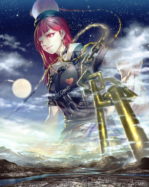 Anime picture 800x1000 with touhou hecatia lapislazuli zounose single long hair tall image fringe red eyes looking away red hair blunt bangs night night sky mountain river giant girl hat moon chain
