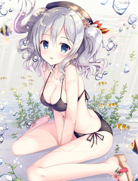 Anime picture 800x1043 with kantai collection kashima training cruiser sousouman single long hair tall image looking at viewer blush breasts blue eyes light erotic large breasts sitting twintails silver hair floating hair wariza underwater girl swimsuit