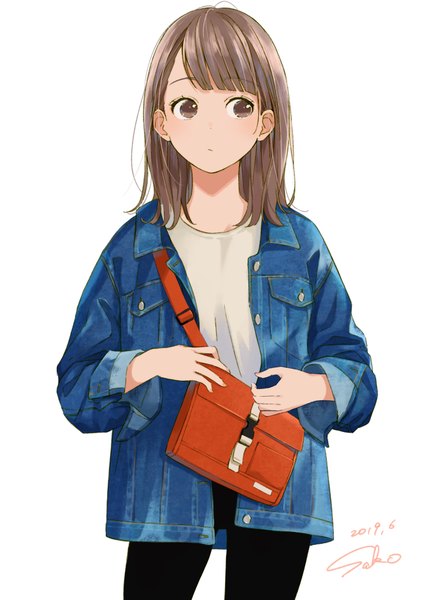 Anime picture 2894x4093 with original sako (user ndpz5754) single tall image fringe highres short hair simple background brown hair standing white background brown eyes signed looking away blunt bangs open jacket dated denim girl jacket