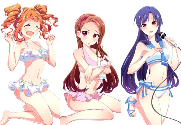 Anime picture 1800x1249 with idolmaster idolmaster (classic) kisaragi chihaya minase iori takatsuki yayoi gaepeol long hair blush highres open mouth light erotic simple background red eyes brown hair white background multiple girls brown eyes blue hair eyes closed orange hair