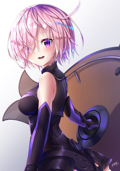 Anime picture 1448x2048 with fate (series) fate/grand order mash kyrielight niyu n iyun single tall image blush fringe short hair open mouth simple background purple eyes signed pink hair hair over one eye girl gloves elbow gloves shield
