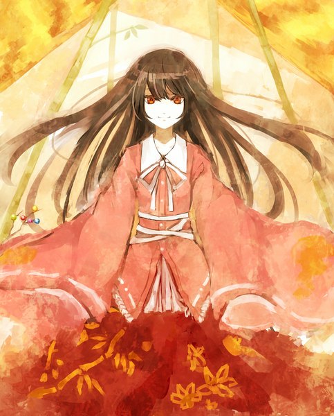 Anime picture 750x931 with touhou houraisan kaguya 60mai single long hair tall image looking at viewer fringe black hair smile red eyes traditional clothes japanese clothes wide sleeves girl leaf (leaves) autumn leaves