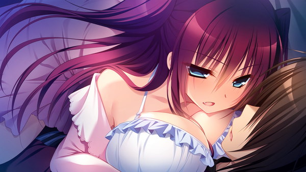 Anime picture 2560x1440 with innocent girl ousaka kanae nanaka mai long hair blush highres breasts open mouth blue eyes light erotic wide image large breasts game cg purple hair couple girl boy lingerie bra white bra