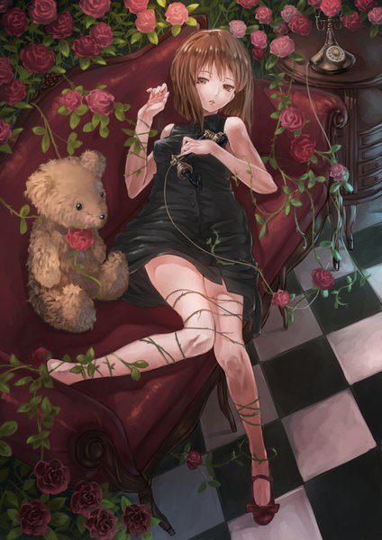 Anime picture 1191x1684 with idolmaster hagiwara yukiho kaoming single tall image looking at viewer short hair brown hair brown eyes lying parted lips from above checkered floor floor girl dress flower (flowers) plant (plants) rose (roses) couch