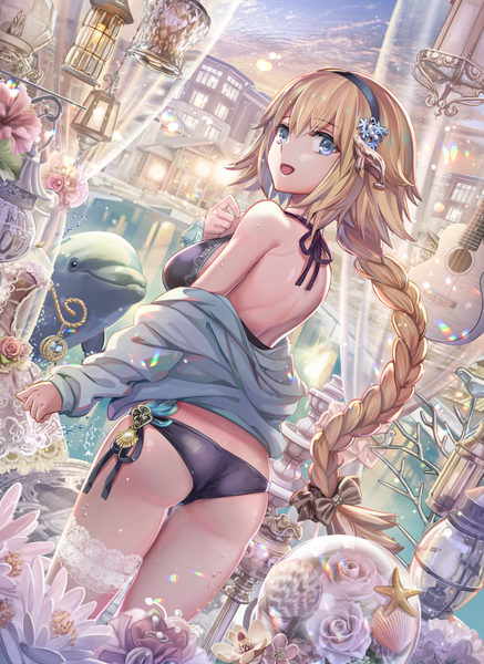 Anime picture 1200x1645 with fate (series) jeanne d'arc (fate) (all) jeanne d'arc (fate) torino aqua single long hair tall image looking at viewer fringe breasts blue eyes light erotic blonde hair large breasts payot sky cloud (clouds) braid (braids) looking back from behind