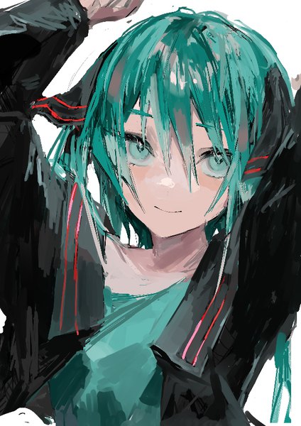Anime picture 578x818 with vocaloid hatsune miku skyn blue single long hair tall image looking at viewer fringe smile hair between eyes upper body aqua eyes aqua hair girl ribbon (ribbons) hair ribbon