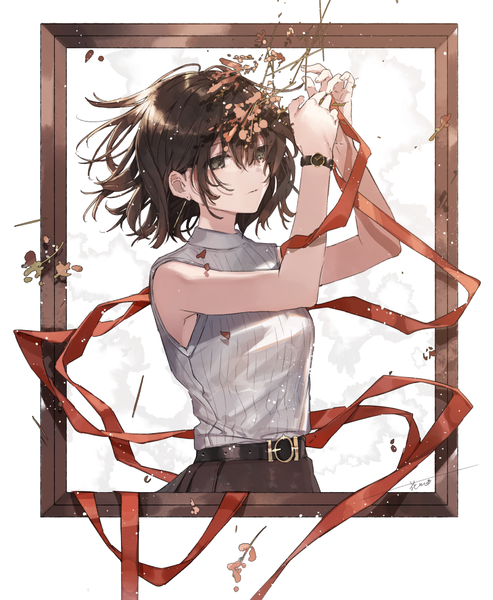 Anime picture 827x1007 with original hanagata single tall image fringe short hair hair between eyes brown hair green eyes signed looking away upper body arms up sleeveless empty picture frame girl ribbon (ribbons) belt clock wristwatch