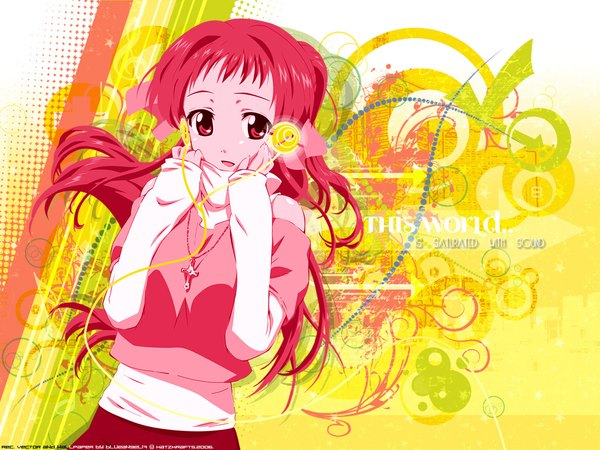 Anime picture 1152x864 with rec shaft (studio) onda aka blueangel17 hanamizawa q-tarou single long hair looking at viewer open mouth red eyes signed red hair third-party edit girl bow hair bow cross