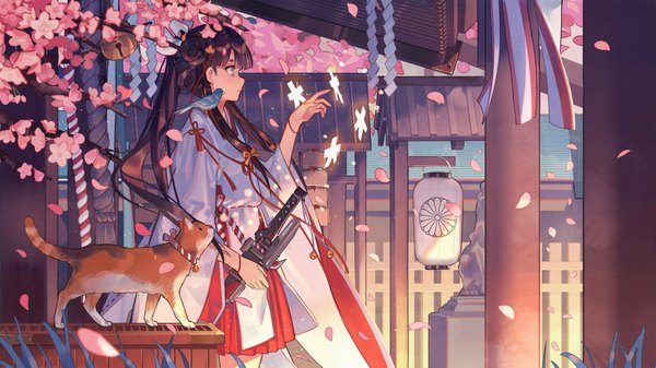 Anime picture 2200x1237 with shaonyu cofee gun zicai tang single long hair highres black hair wide image standing sitting twintails looking away ponytail traditional clothes japanese clothes profile arm up wind sunlight grey eyes cherry blossoms