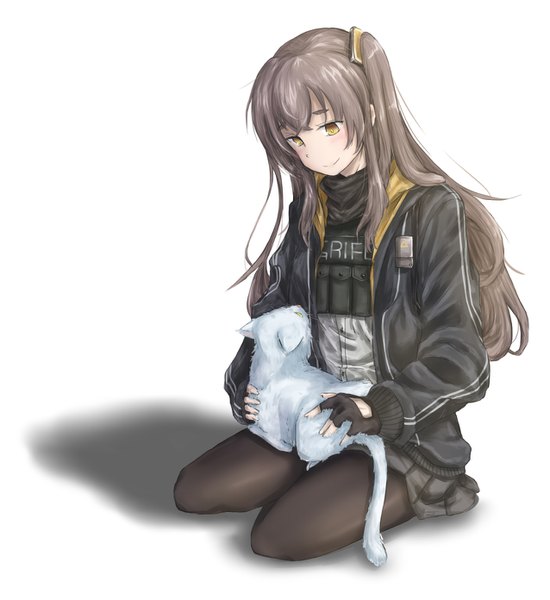 Anime picture 1276x1392 with girls frontline hk416 (girls frontline) ump45 (girls frontline) aoisaka single long hair tall image fringe simple background smile brown hair white background sitting holding yellow eyes long sleeves pleated skirt open clothes open jacket shadow