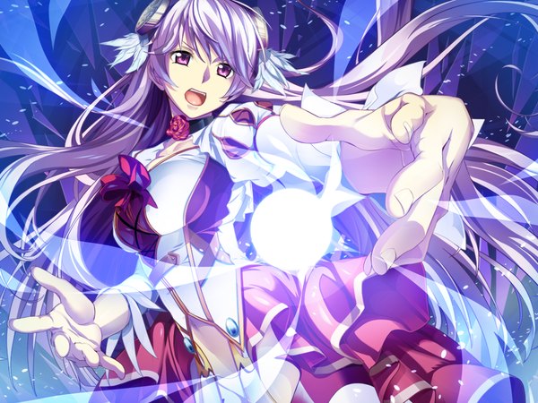 Anime picture 1024x768 with grimoire no shisho single long hair looking at viewer open mouth purple eyes game cg silver hair magic girl dress hair ornament