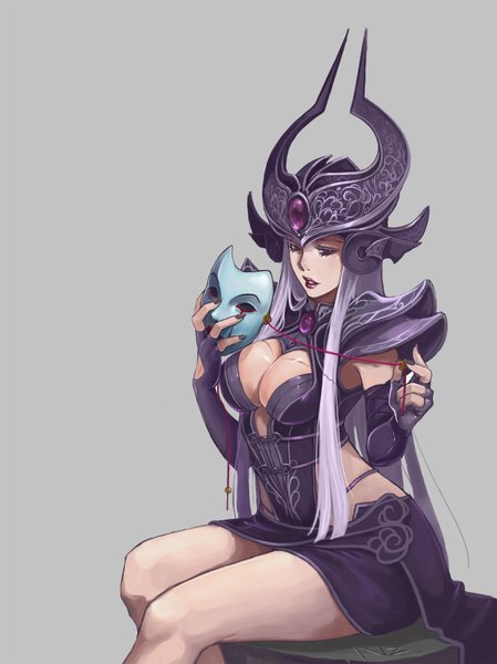 Anime picture 1332x1780 with league of legends syndra n2 (artist) single long hair tall image blush breasts light erotic red eyes large breasts sitting holding cleavage bent knee (knees) white hair nail polish fingernails grey background lipstick