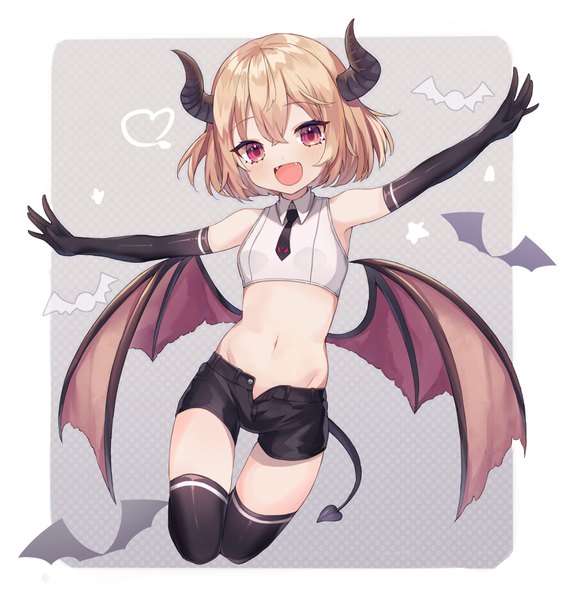 Anime picture 3326x3515 with original nam single tall image looking at viewer blush fringe highres short hair open mouth blonde hair smile hair between eyes red eyes bare shoulders absurdres full body tail :d horn (horns)