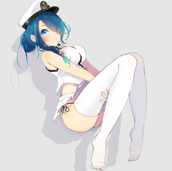 Anime picture 2111x2099 with kantai collection female admiral (kantai collection) tebi (tbd11) single long hair blush fringe highres breasts blue eyes light erotic bare shoulders blue hair looking away full body bent knee (knees) ass pleated skirt hair over one eye grey background