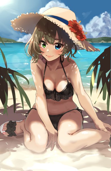 Anime picture 2281x3499 with idolmaster idolmaster cinderella girls takagaki kaede kurokin single tall image looking at viewer blush fringe highres short hair blue eyes light erotic smile hair between eyes brown hair sitting green eyes sky cleavage