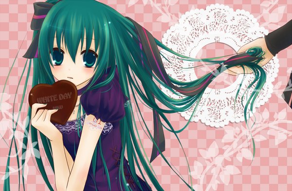 Anime picture 1500x980 with vocaloid hatsune miku xinya long hair looking at viewer blush fringe hair between eyes holding payot upper body nail polish aqua eyes aqua hair tattoo puffy sleeves character names one side up text solo focus