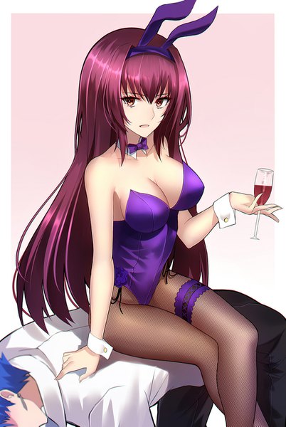 Anime picture 945x1409 with fate (series) fate/grand order scathach (fate) (all) scathach (fate) cu chulainn (fate) cu chulainn (fate/grand order) shiguru long hair tall image fringe breasts light erotic red eyes sitting bare shoulders holding animal ears blue hair cleavage purple hair