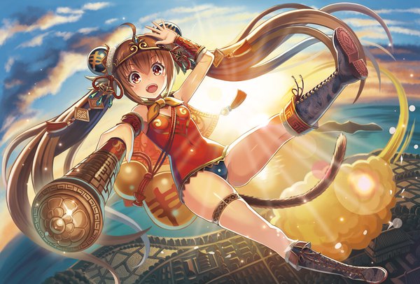Anime picture 1000x678 with original madopen single long hair looking at viewer blush fringe open mouth light erotic smile hair between eyes brown hair twintails holding brown eyes payot sky cloud (clouds) full body ahoge