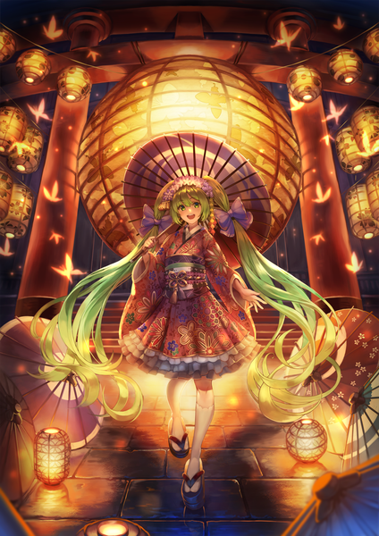 Anime picture 1400x1980 with vocaloid hatsune miku kabu (niniko2ko) single tall image looking at viewer blush fringe open mouth smile hair between eyes standing twintails holding green eyes payot full body outdoors very long hair traditional clothes