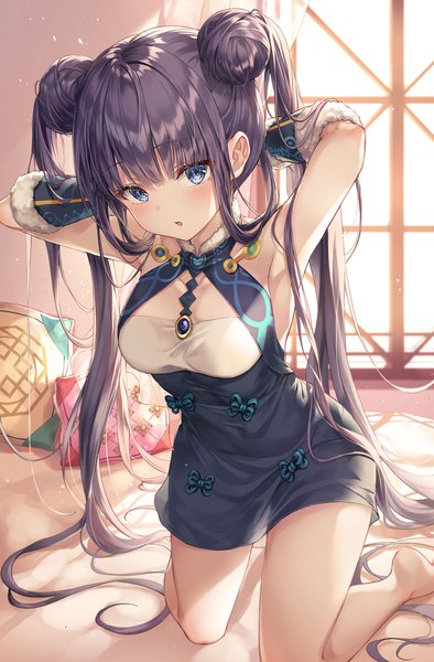 Anime picture 1500x2280 with fate (series) fate/grand order yang guifei (fate) r o ha single tall image looking at viewer blush fringe open mouth blue eyes black hair twintails bare shoulders indoors blunt bangs very long hair head tilt barefoot sunlight