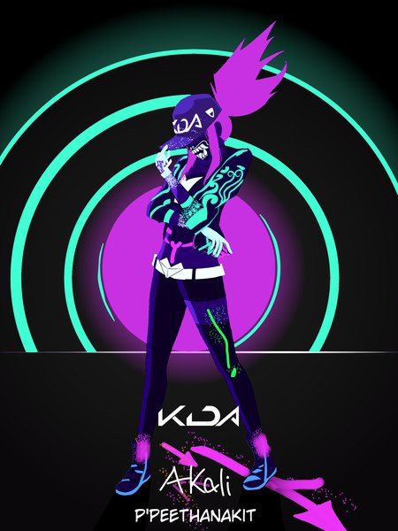 Anime picture 2100x2800 with league of legends k/da (league of legends) akali (league of legends) k/da akali ppeethanakit single long hair tall image highres standing signed payot purple hair full body ponytail open jacket copyright name character names black background adjusting hat