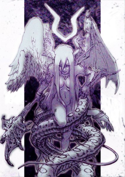 Anime picture 1209x1719 with original dal-segno single long hair tall image light erotic purple eyes bare shoulders white hair tail monochrome head wings hair over breasts monster girl girl navel wings