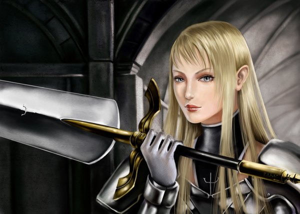 Anime picture 2000x1429 with claymore madhouse galatea ni6htmare01 single long hair highres blonde hair lips realistic silver eyes girl gloves weapon sword armor