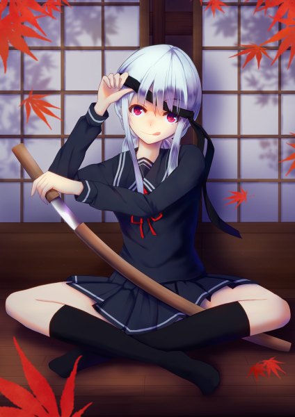 Anime picture 848x1200 with original konkito single long hair tall image looking at viewer blush smile sitting purple eyes silver hair :q girl skirt uniform hair ornament ribbon (ribbons) weapon shirt sword