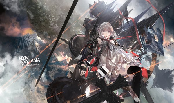 Anime picture 1680x994 with original pixiv fantasia pixiv lin+ single long hair looking at viewer fringe wide image silver hair grey eyes smoke mountain girl thighhighs ribbon (ribbons) black thighhighs