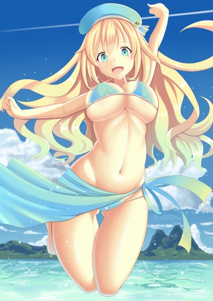 Anime picture 1000x1412 with kantai collection atago heavy cruiser zukky single long hair tall image looking at viewer blush breasts open mouth blue eyes light erotic blonde hair large breasts sky girl navel swimsuit bikini sea