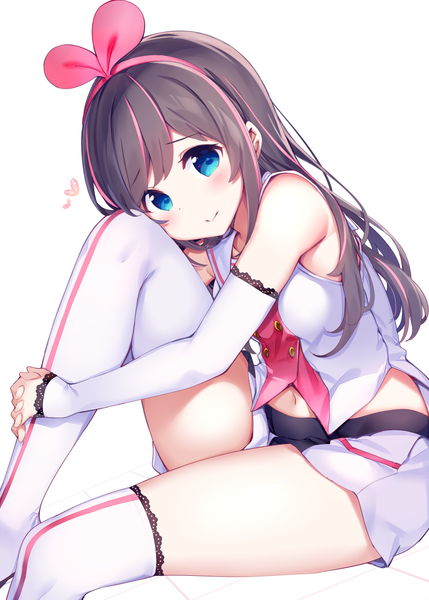 Anime picture 800x1118 with virtual youtuber a.i. channel kizuna ai chikuwa. single long hair tall image looking at viewer blush fringe blue eyes simple background brown hair white background sitting bare shoulders payot bent knee (knees) multicolored hair light smile