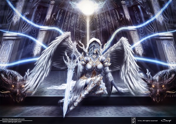 Anime picture 1280x905 with original arist0te long hair looking at viewer fringe blue eyes sitting blue hair pointy ears hair over one eye angel wings angel lightning power girl dress weapon sword wings white dress