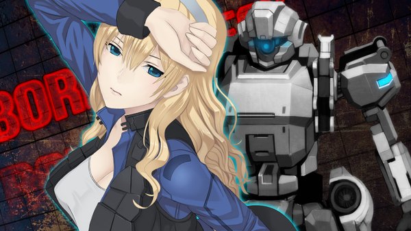 Anime picture 1600x900 with border break (game) damegane long hair looking at viewer blue eyes blonde hair wide image girl uniform armor fur robot