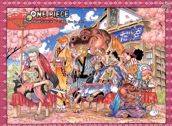 Anime picture 1572x1150 with one piece toei animation nami (one piece) monkey d. luffy roronoa zoro sanji tony tony chopper usopp oda eiichirou blush fringe short hair open mouth black hair blonde hair smile standing sitting holding looking away