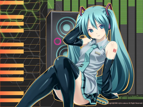 Anime picture 1600x1200 with vocaloid hatsune miku koutaro long hair smile twintails bare shoulders aqua eyes aqua hair girl thighhighs skirt black thighhighs detached sleeves miniskirt necktie speakers