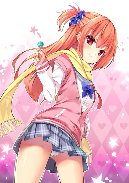 Anime picture 2000x2828 with sanoba witch yuzusoft inaba meguru kaede (yumesaki kaede) single long hair tall image blush highres light erotic red eyes orange hair pantyshot one side up girl skirt underwear panties food sweets