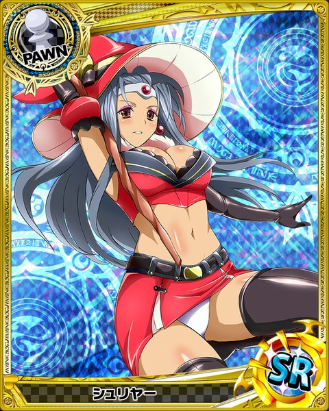 Anime picture 640x800 with highschool dxd single long hair tall image looking at viewer breasts light erotic red eyes cleavage grey hair card (medium) witch girl thighhighs skirt gloves navel underwear panties black thighhighs