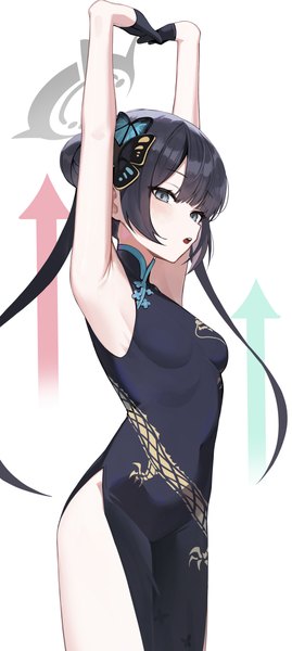 Anime picture 2862x6378 with blue archive kisaki (blue archive) hutosutoro single long hair tall image fringe highres blue eyes light erotic black hair standing white background blunt bangs traditional clothes arms up sleeveless chinese clothes side slit girl