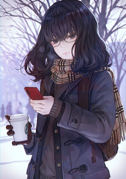Anime picture 1000x1414 with original starbucks kaoming long hair tall image fringe black hair hair between eyes holding outdoors long sleeves head tilt black eyes blurry open clothes open jacket sleeves past wrists solo focus winter exhalation